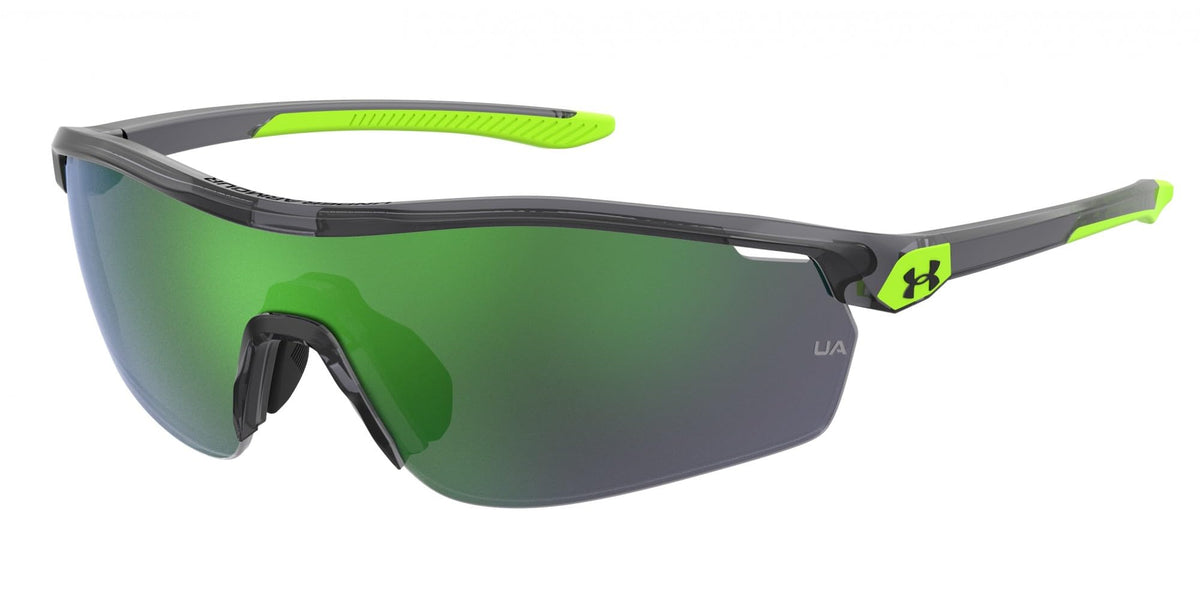 Under Armour UA 7001/S front view showing gray frame and secure fit benefit