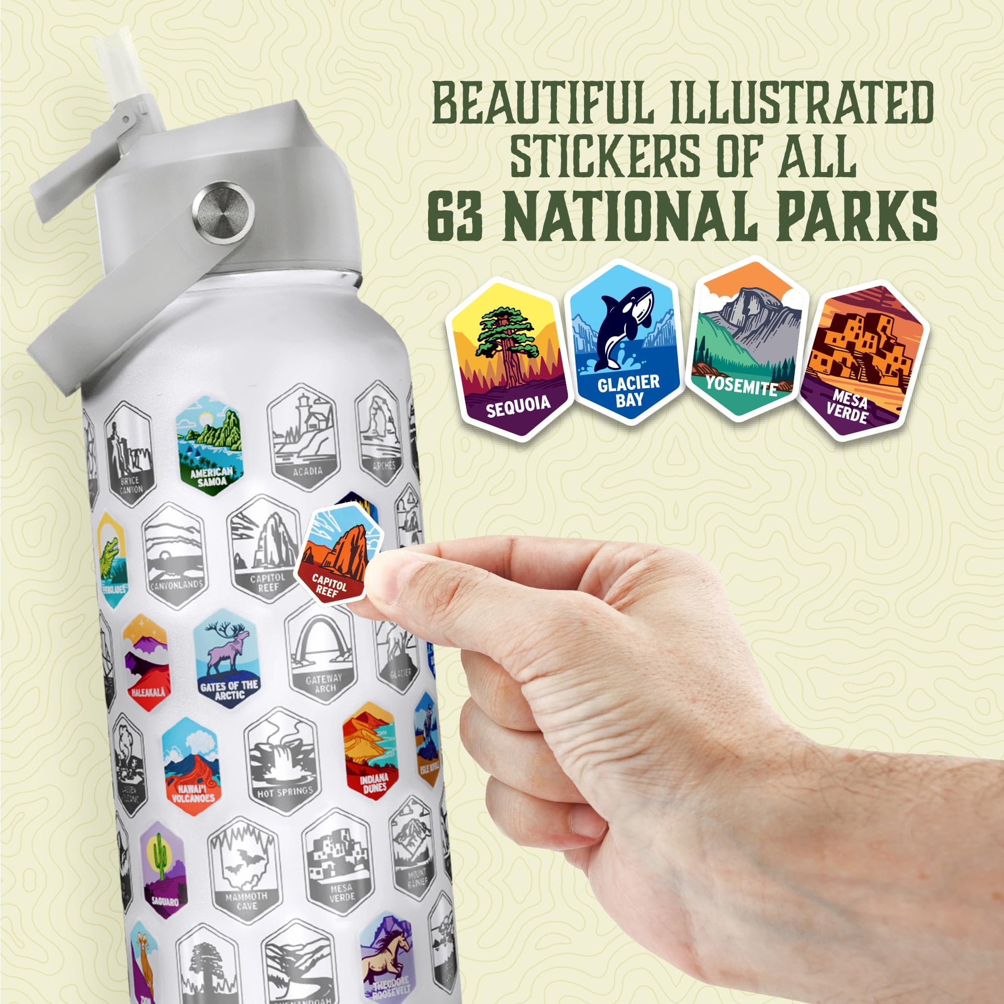 Underdog Games close-up of 63 waterproof stickers highlighting park artwork