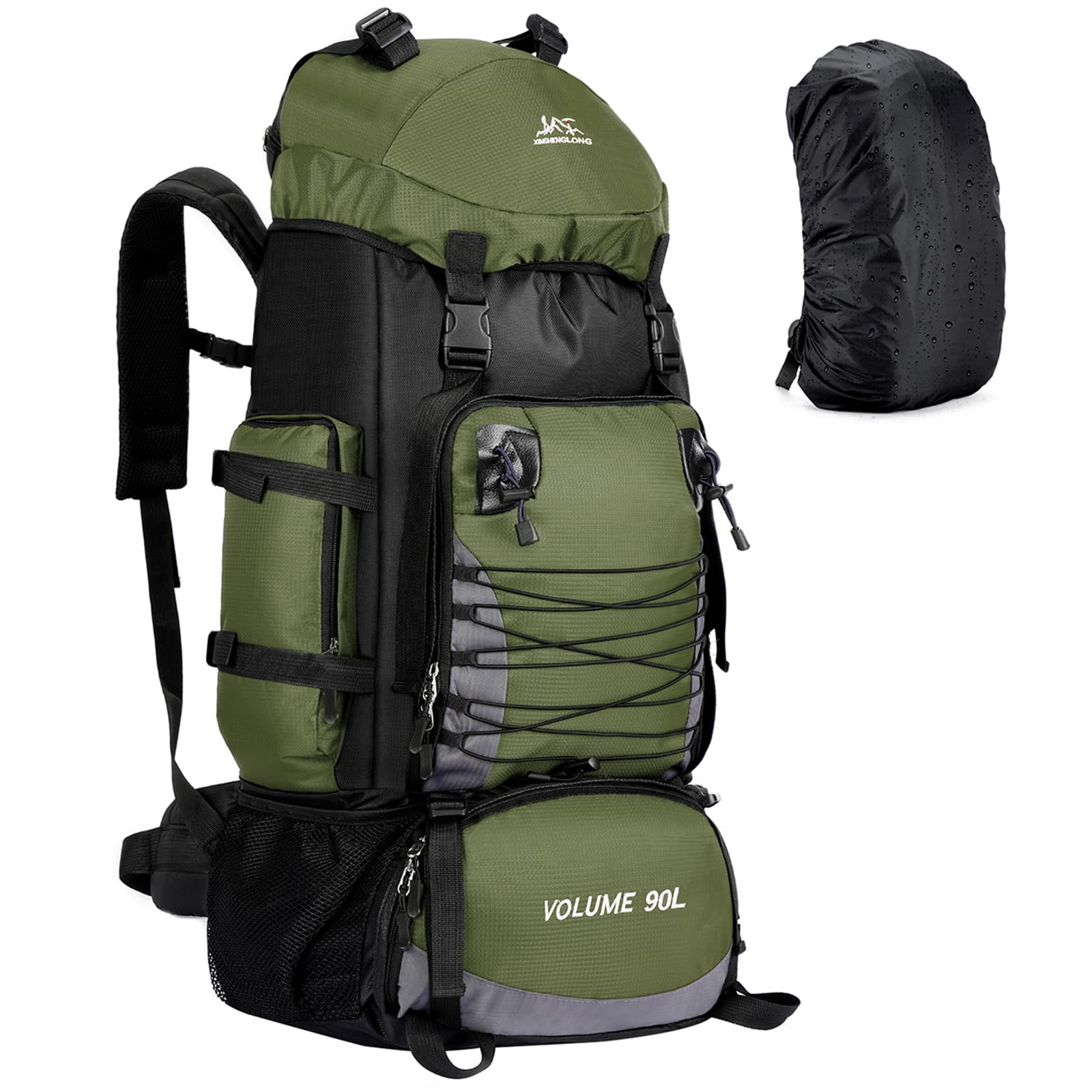 Unineovo front view of 90L backpack showing pockets and buckles, durable carry