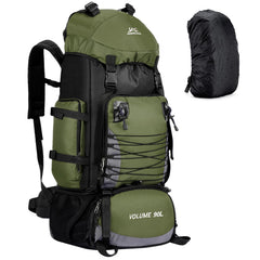 Unineovo front view of 90L backpack showing pockets and buckles, durable carry