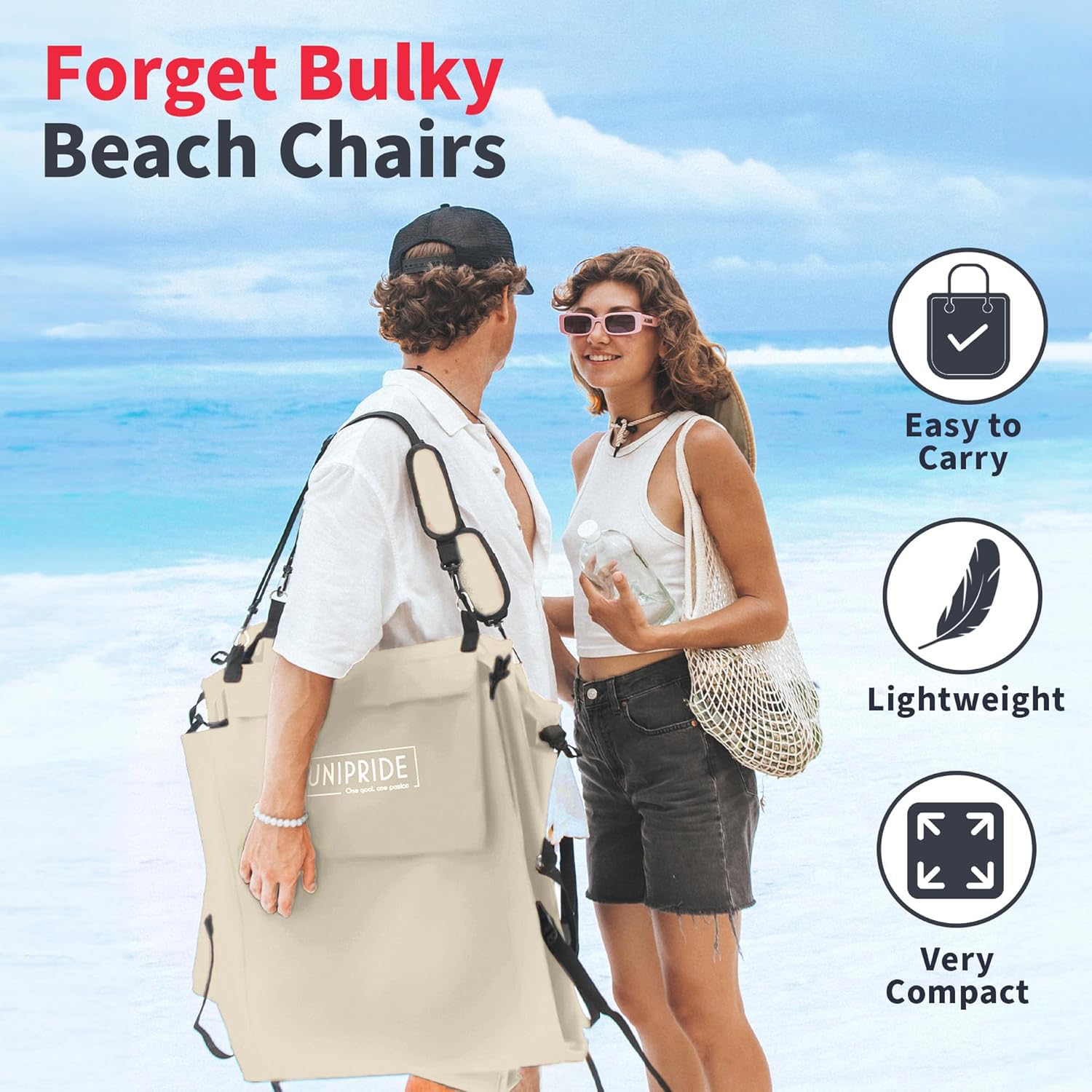 UNIPRIDE two chairs on a sandy beach showing quick-setup relaxation benefit