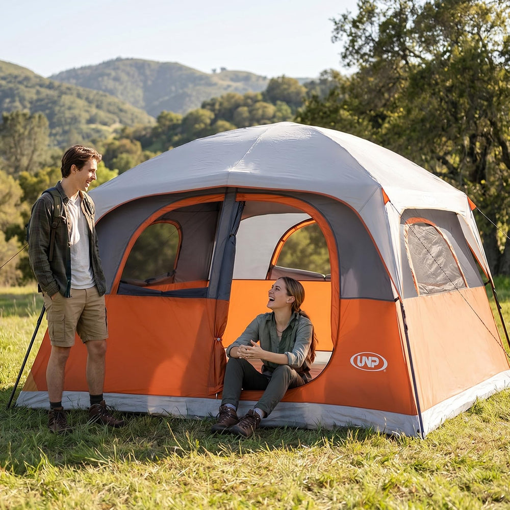 UNP cabin tent pitched at campsite illustrating family outdoor comfort