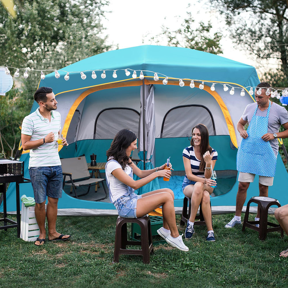 unp family outside tent at campsite showing group comfort and usability