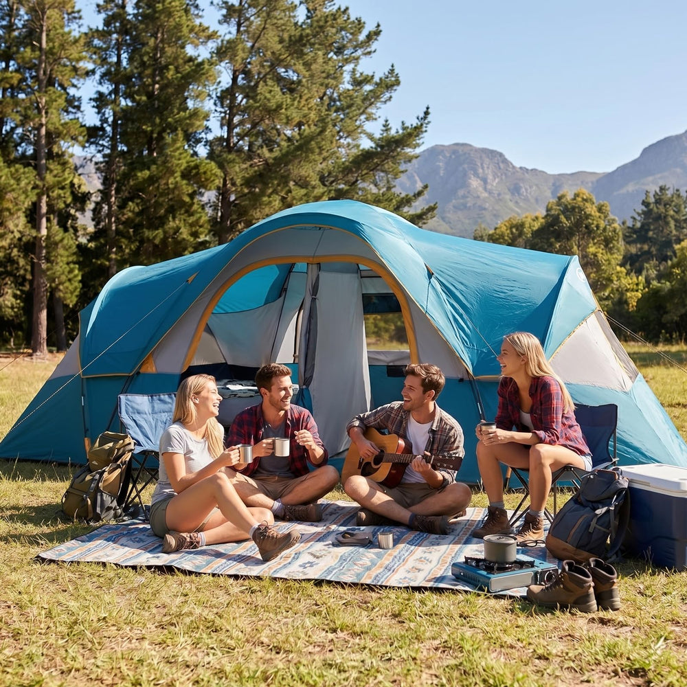 UNP family using tent at campsite, conveys group comfort and social space