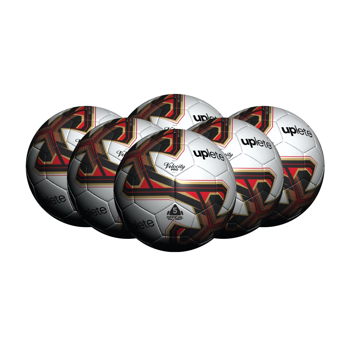 Uplete front view of six-pack soccer balls showing sizes and included accessories, clear organization benefit