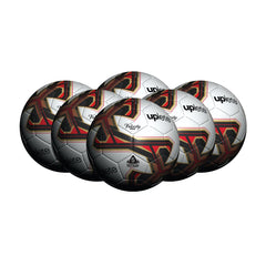 Uplete front view of six-pack soccer balls showing sizes and included accessories, clear organization benefit