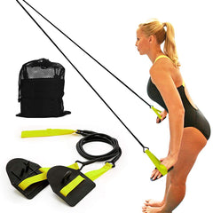 Upneargo front view showing Powercord set and paddles for portable swim training