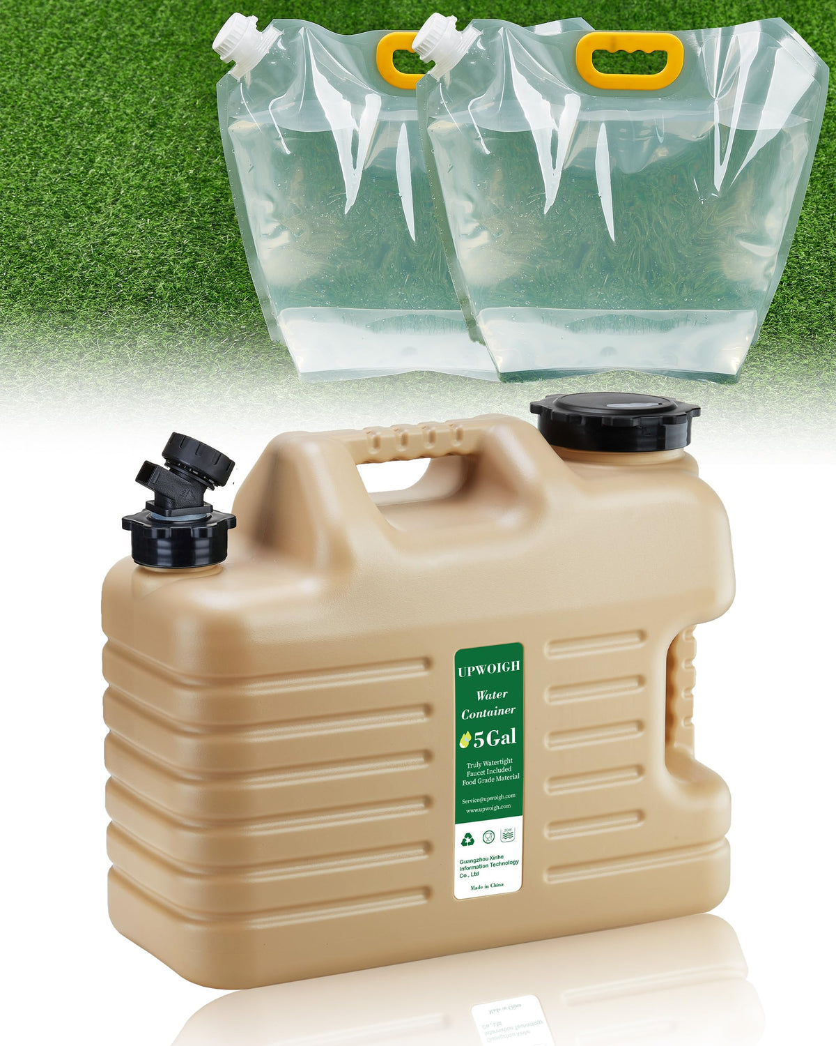 UPWOIGH 5-gallon jug front view showing sturdy handle and stable base for easy transport