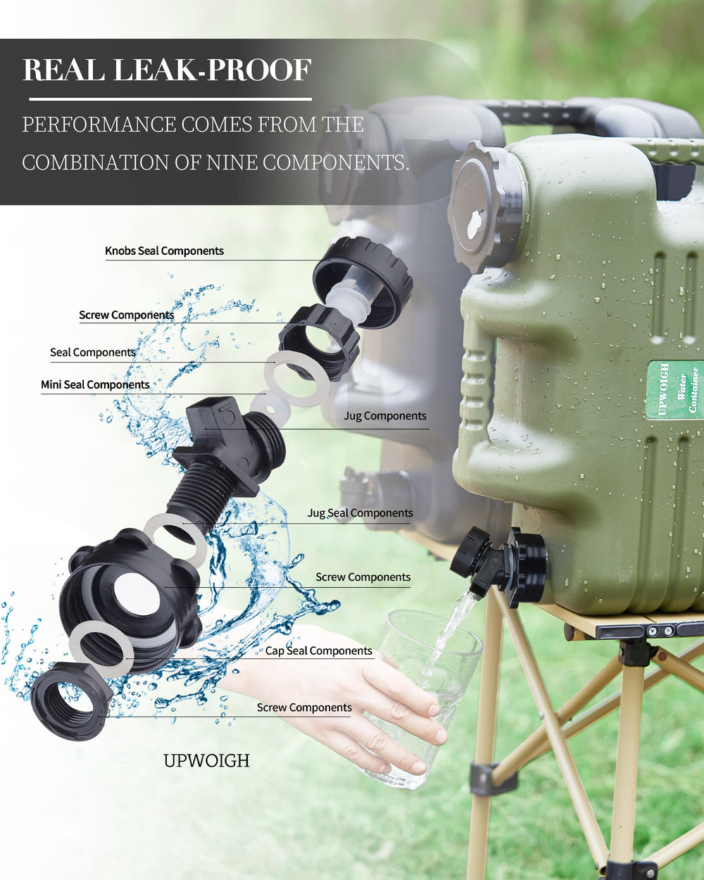 UPWOIGH pouring water from spigot demonstrating hands-free dispensing convenience