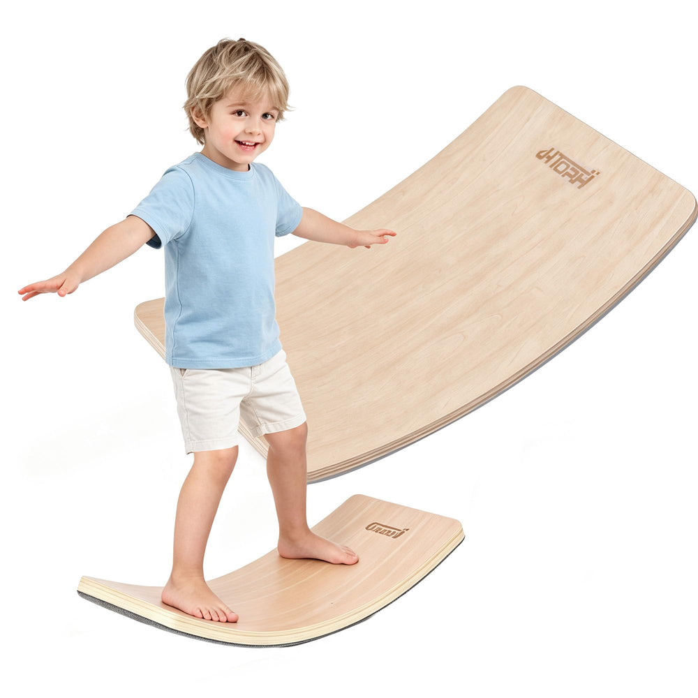 Urban Deco front view of natural wood balance board showing curved profile and finish