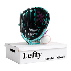 Urby left-handed glove front view showing compact youth fit and clear colors