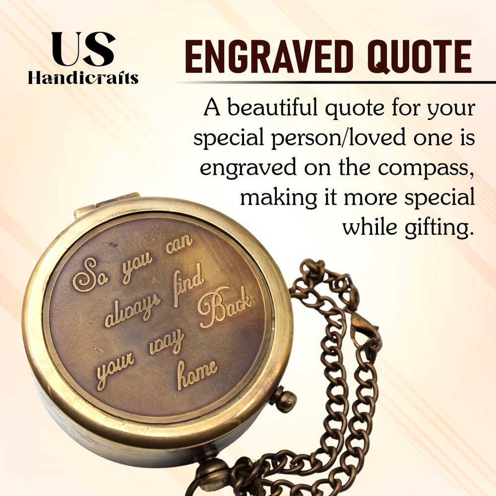 US HANDICRAFTS compass held in palm showing compact size and travel-ready benefit