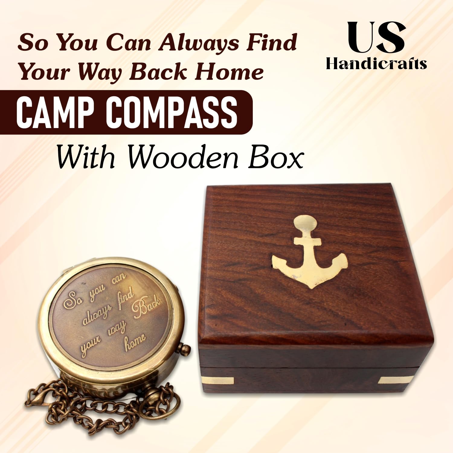 US HANDICRAFTS compass on a map suggesting gift use for travelers and adventurers
