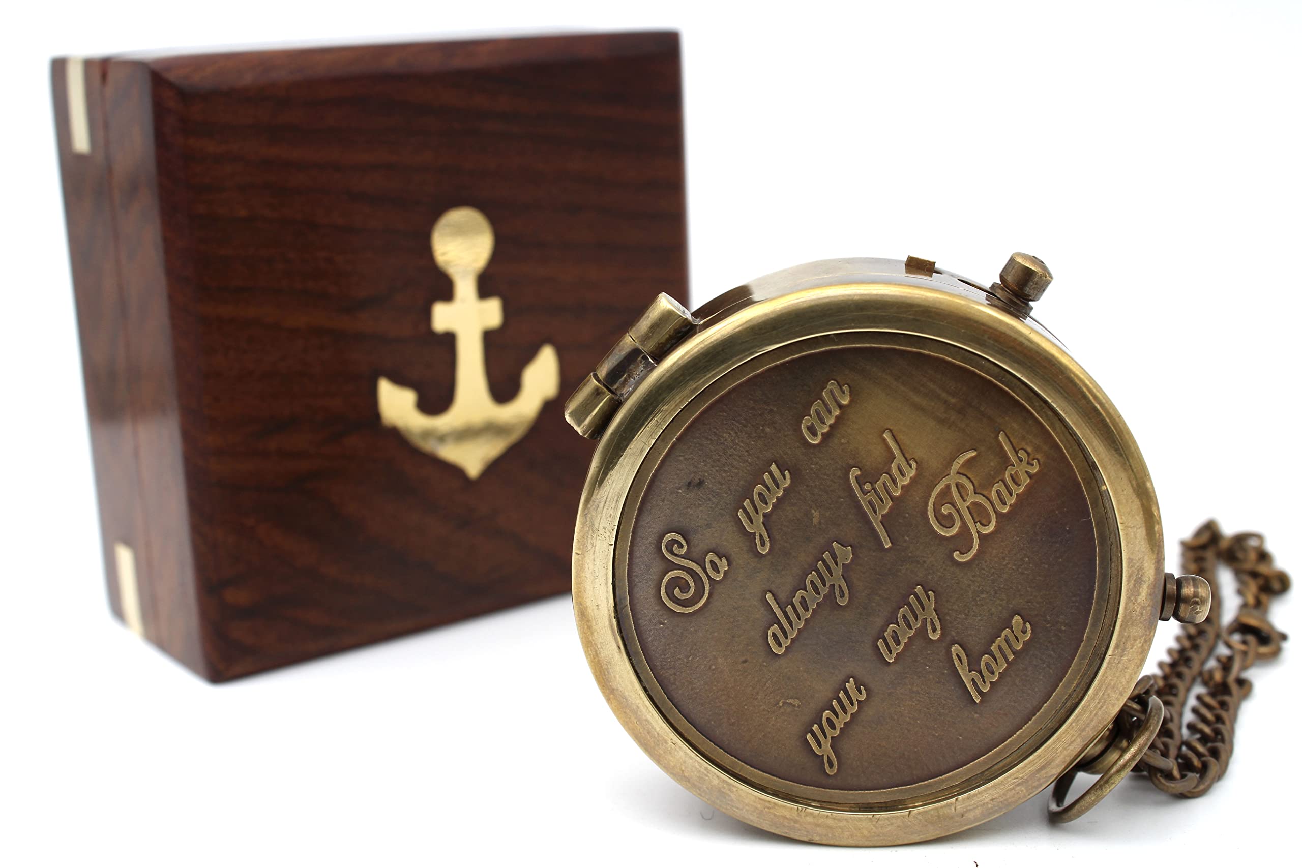 US HANDICRAFTS engraved brass compass front view showing inscription and vintage charm