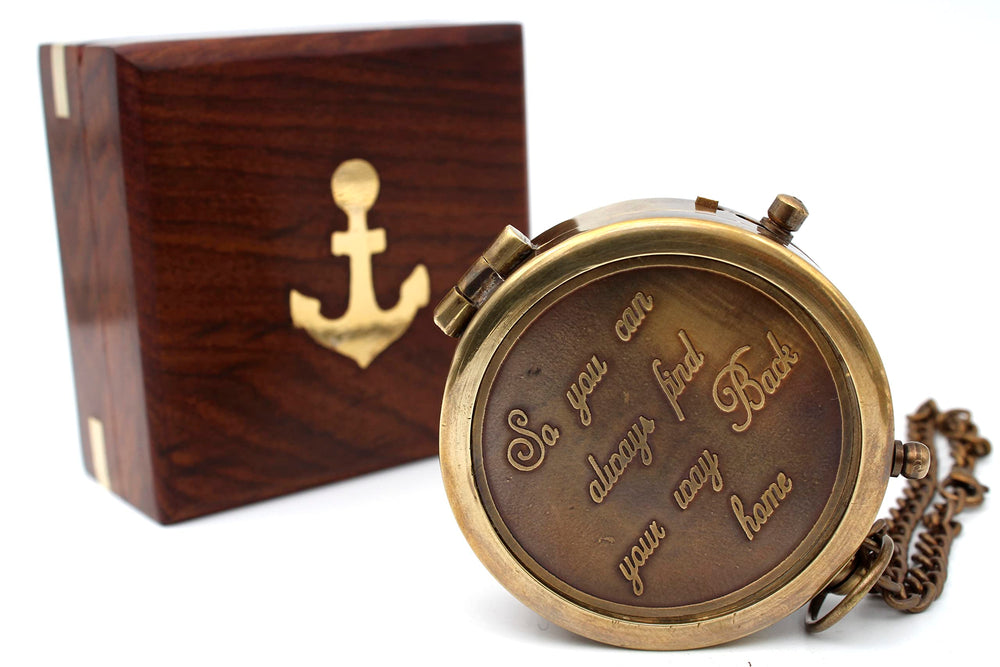 US HANDICRAFTS engraved brass compass front view showing inscription and vintage charm
