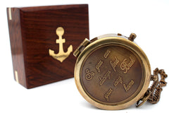 US HANDICRAFTS engraved brass compass front view showing inscription and vintage charm