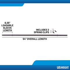 US Weight disassembled three-piece bar sections laid out to show easy storage and travel