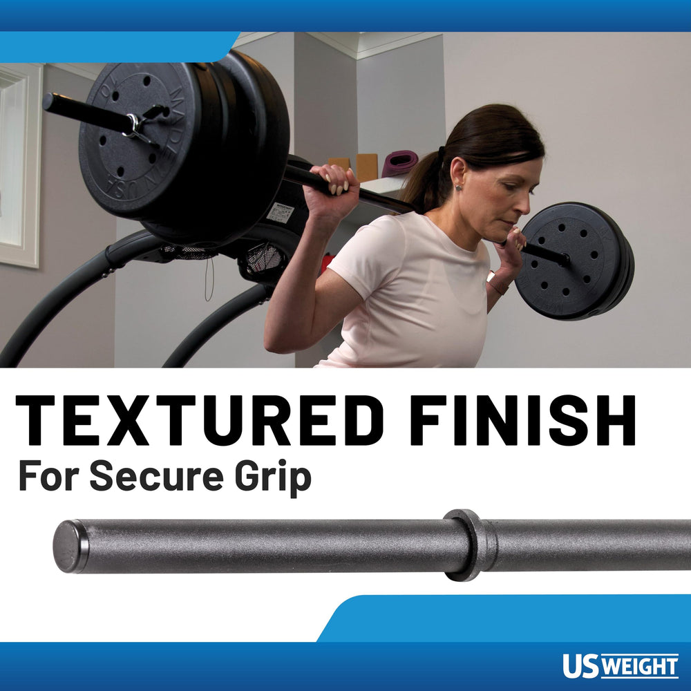 US Weight barbell loaded with standard 1" plates demonstrating versatile weight options