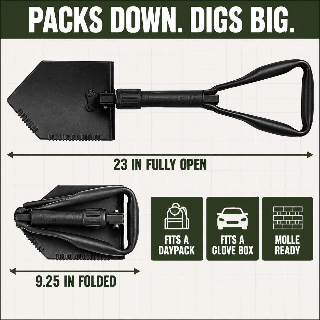 USGI Industries folded e-tool in hand illustrating compact size for easy carry