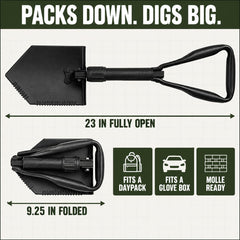 USGI Industries folded e-tool in hand illustrating compact size for easy carry