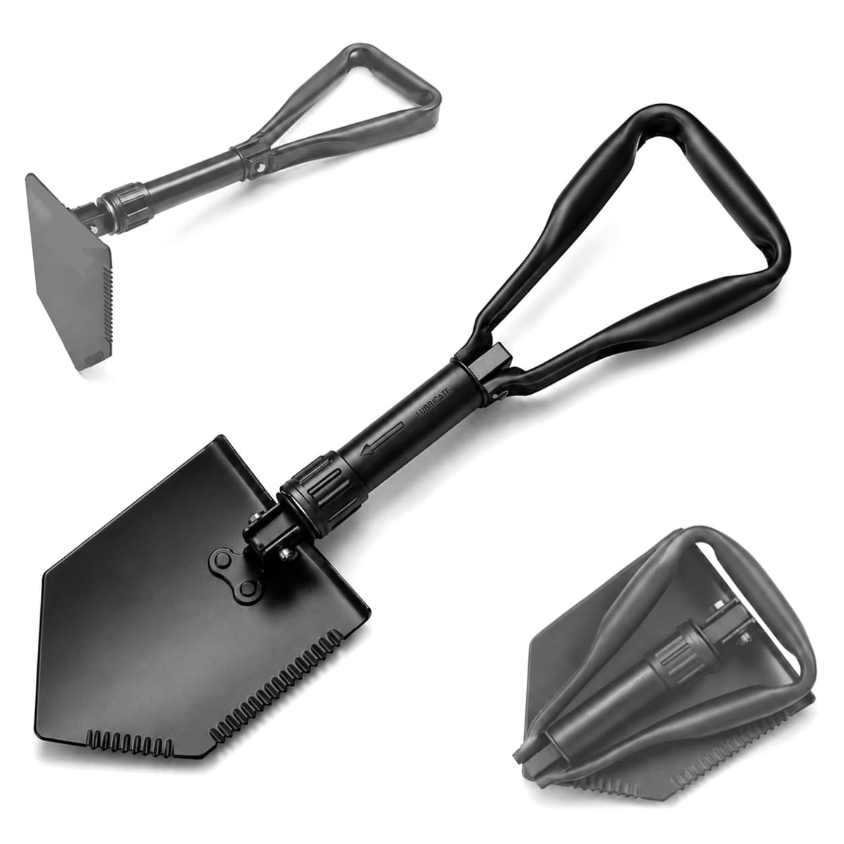 USGI Industries front view of tri-fold e-tool showing overall shape and durability benefit