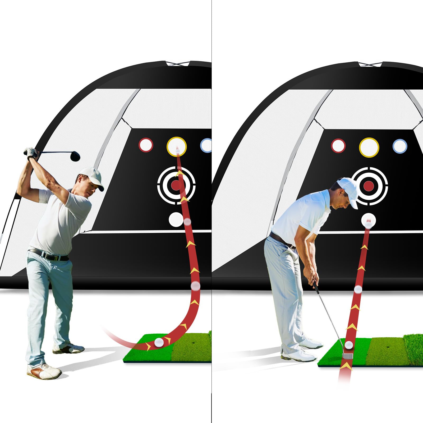 USHJNV net set up in backyard with golfer using system for convenient training