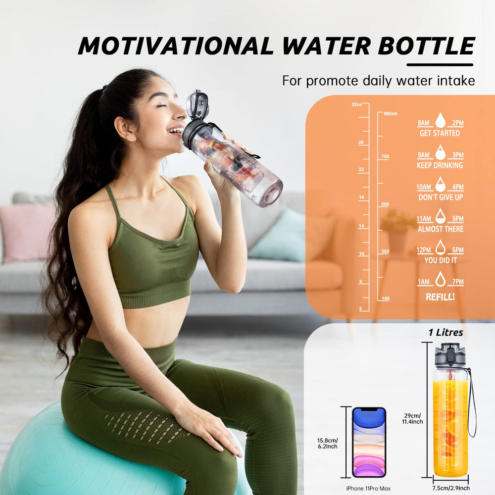UTEBIT scale and time markers visible on bottle, helps track water intake