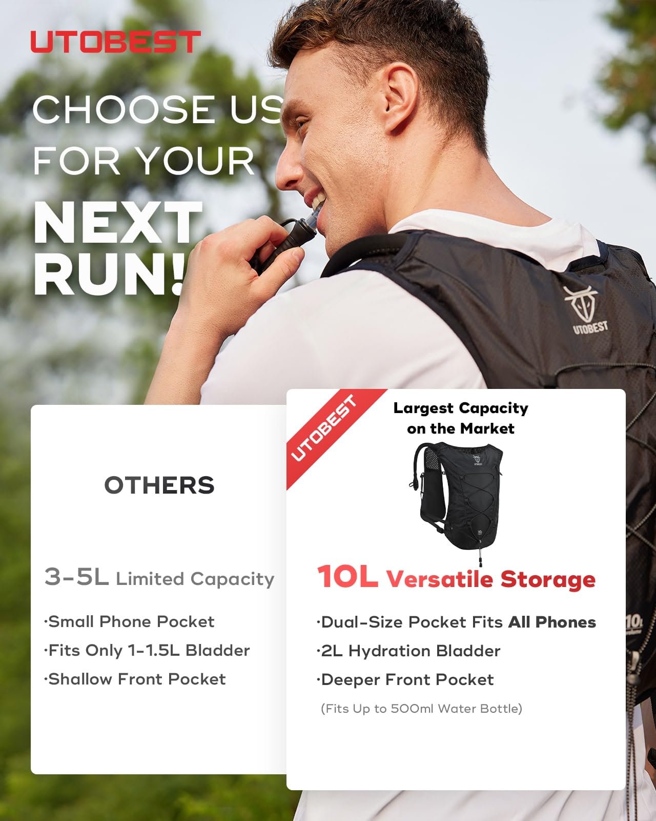 UTOBEST 2L hydration bladder closeup with bite valve for easy drinking