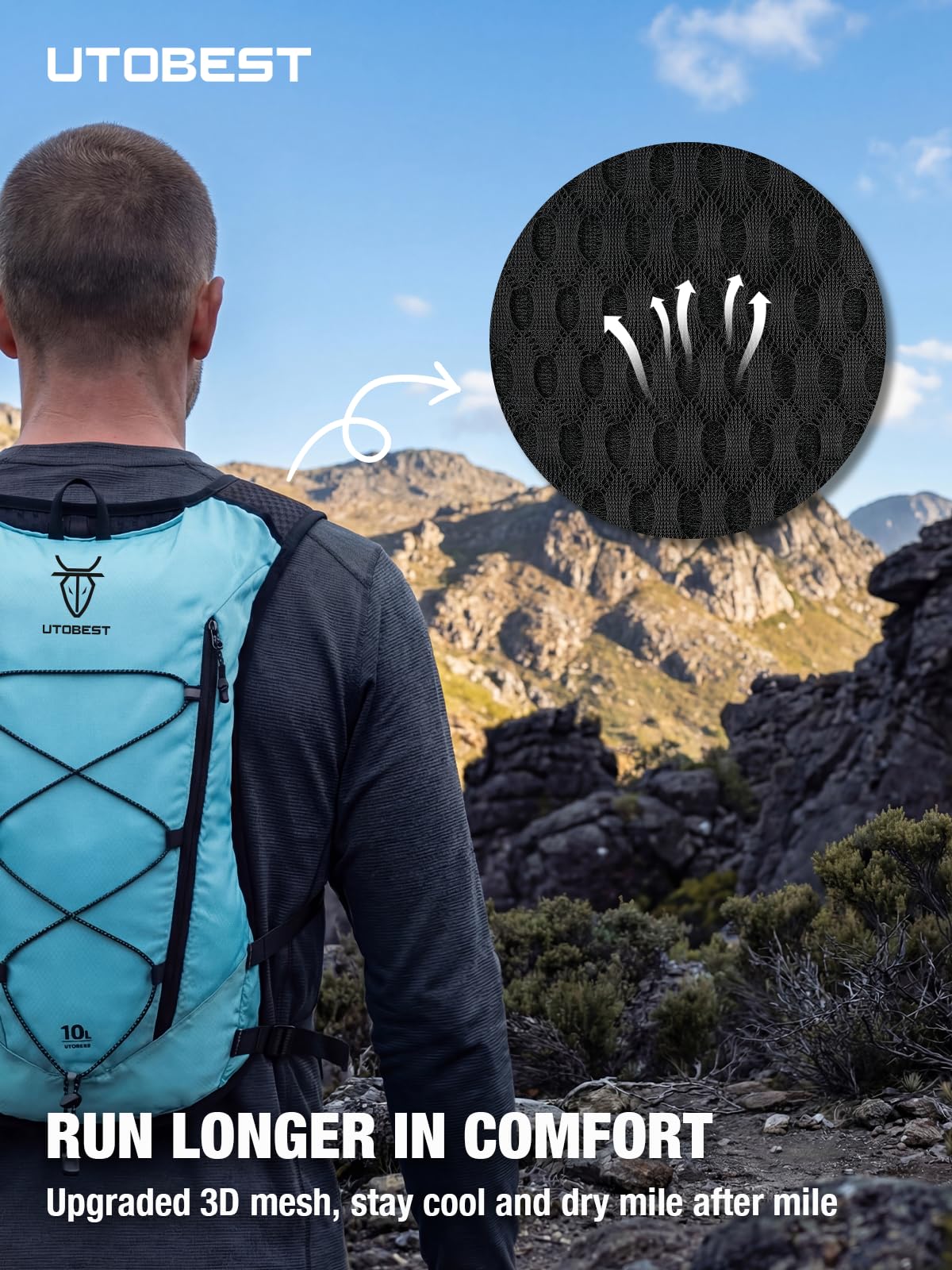 UTOBEST lifestyle shot on a trail run highlighting comfort, storage, and visibility