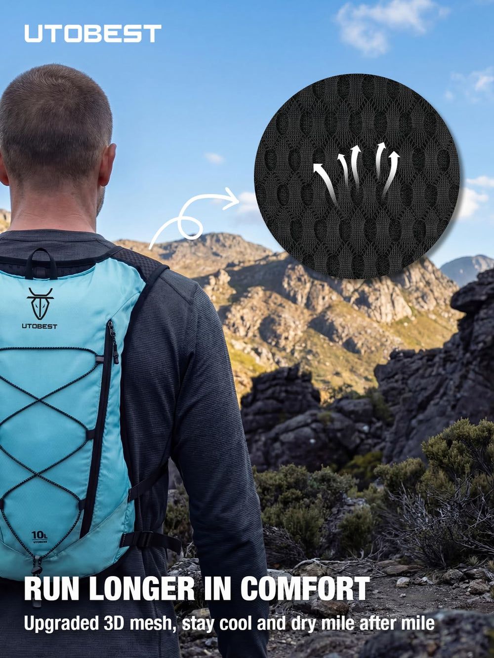 UTOBEST lifestyle shot on a trail run highlighting comfort, storage, and visibility