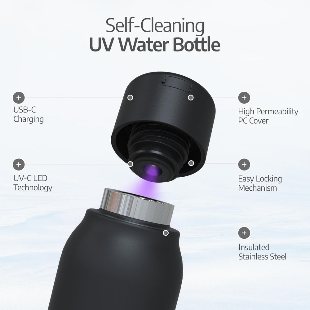 UVBRITE cap close-up with quartz lens and LED emitter, precise UV-C purification benefit
