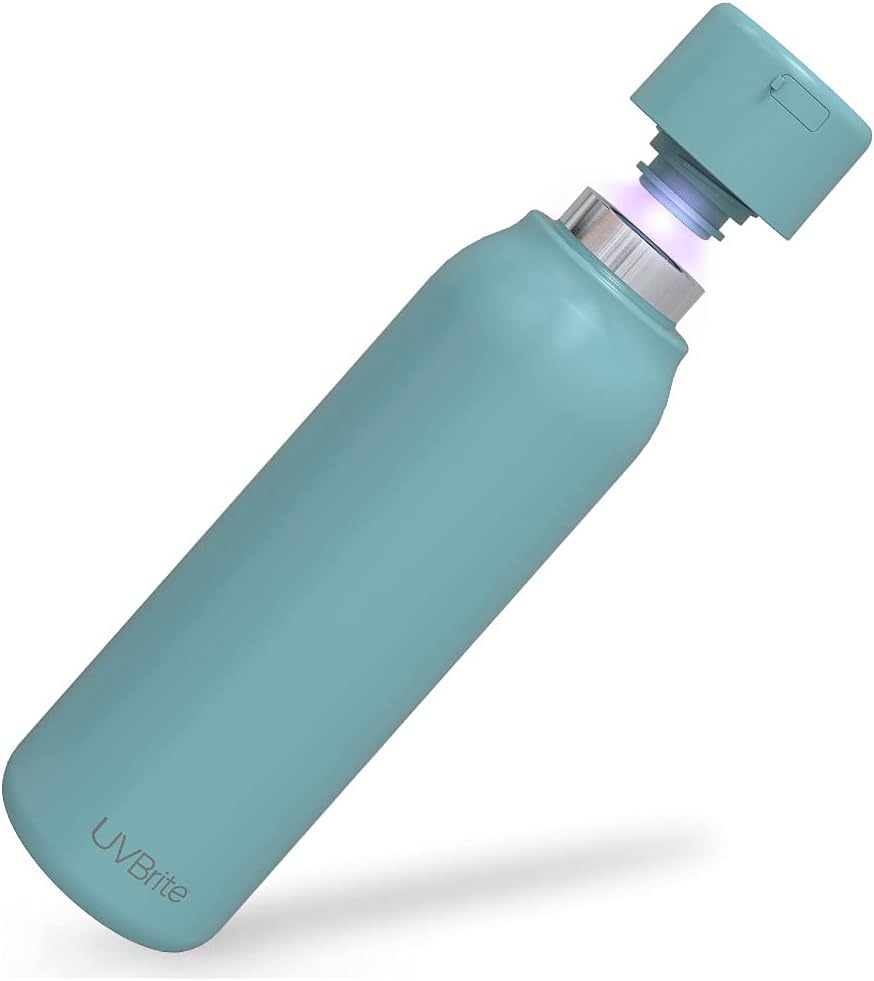 UVBRITE Go front view showing bottle and cap with clear branding for easy identification and portability