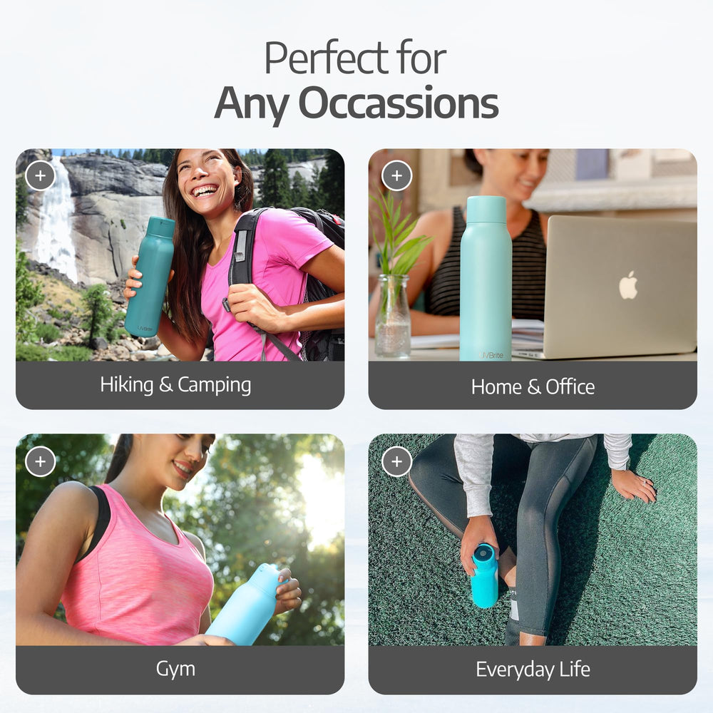 UVBRITE bottle in a hiker's hand showing travel use and reliable on-the-go sanitation