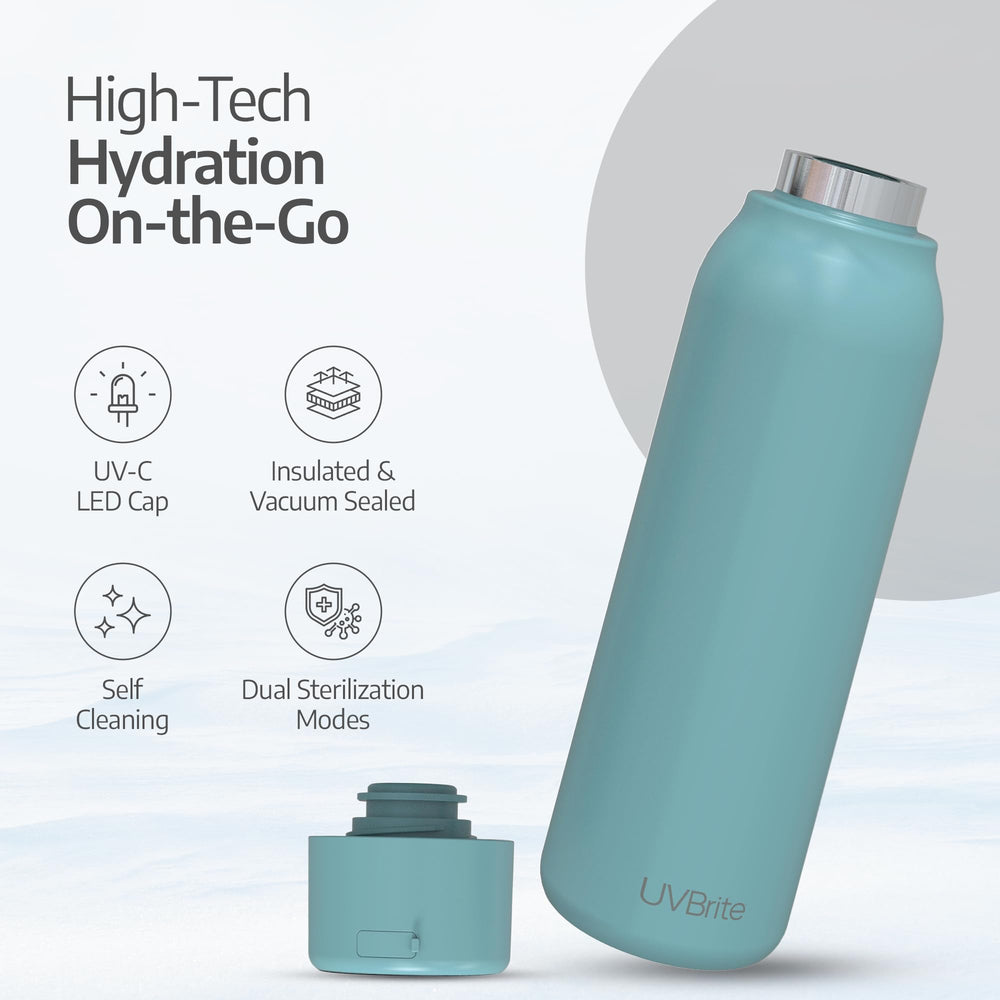 UVBRITE bottle held next to hand for scale showing compact 18.6 oz capacity and cupholder fit