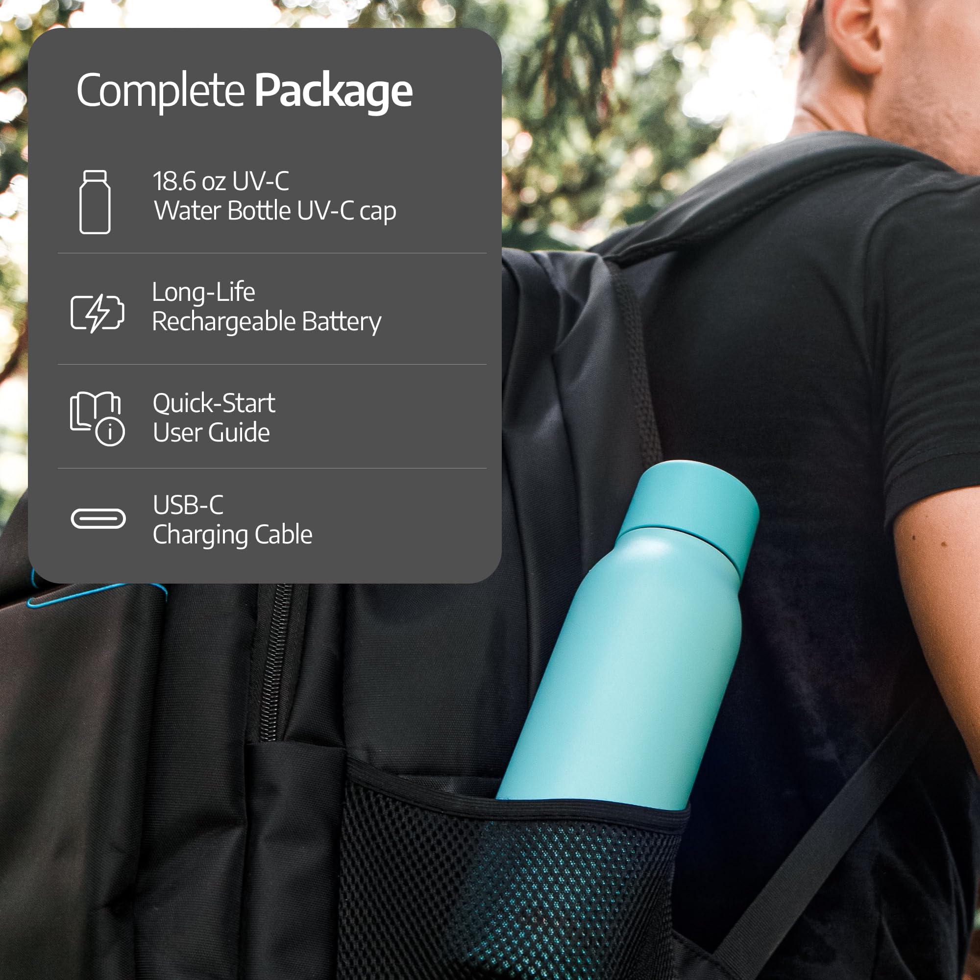 UVBRITE bottle inside a travel bag lifestyle shot showing convenience and leak-resistant design