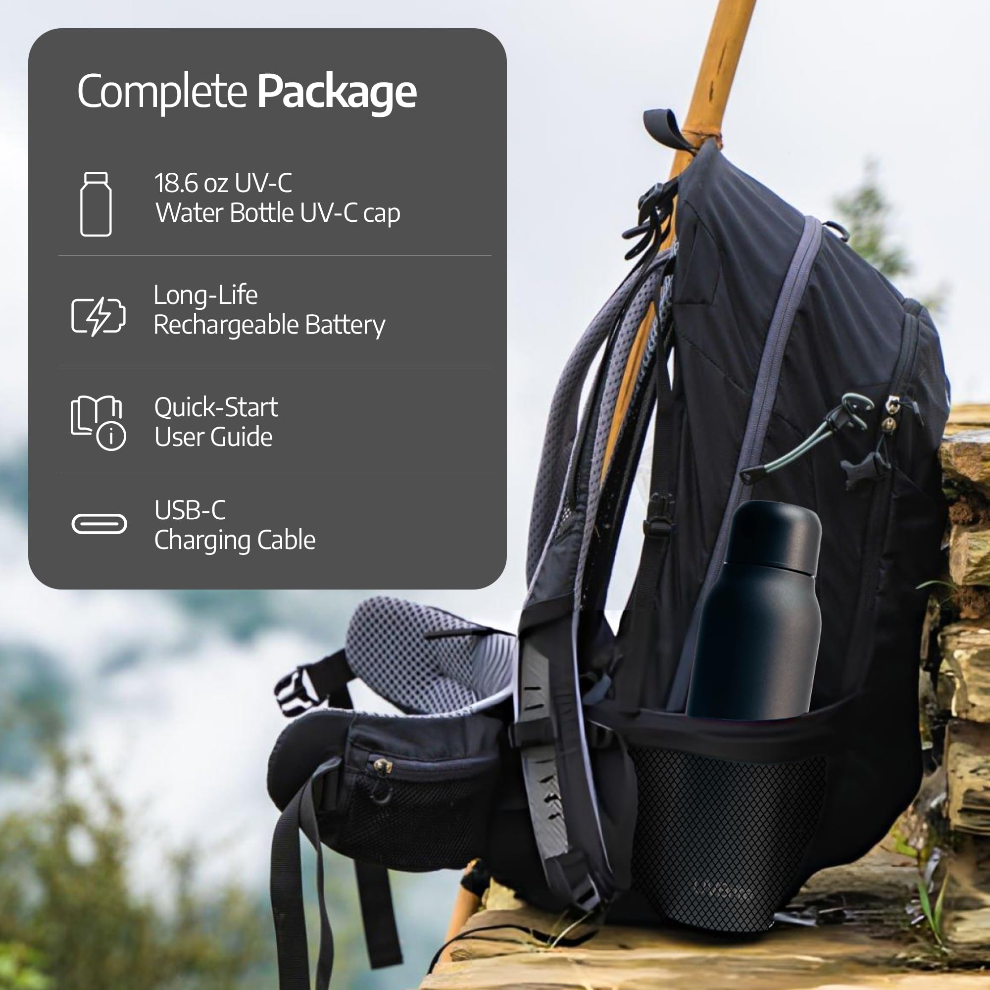 UVBRITE bottle in camping setting, reliable water treatment and insulated drinking