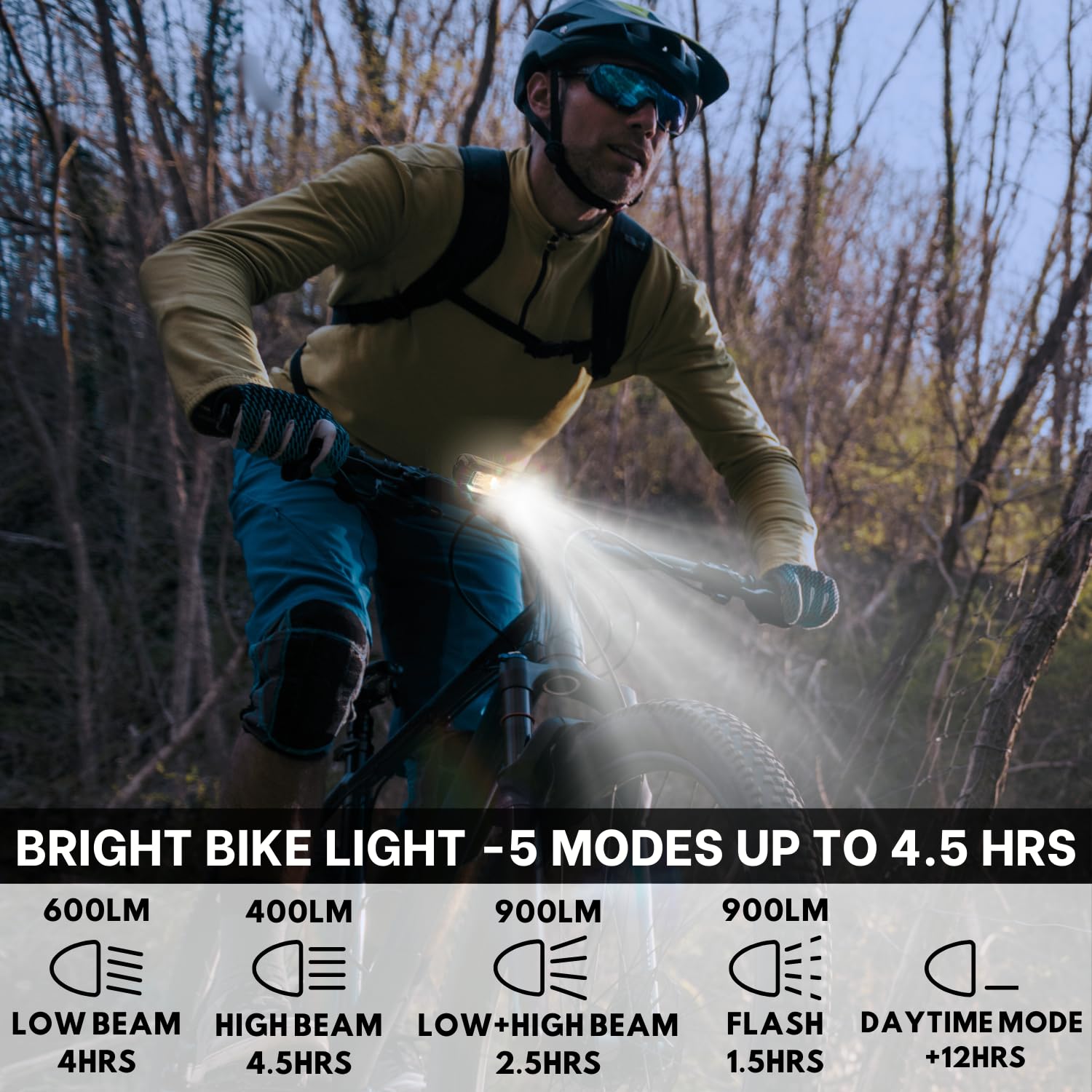 UWILE in use on a night ride projecting long, clear light down trail