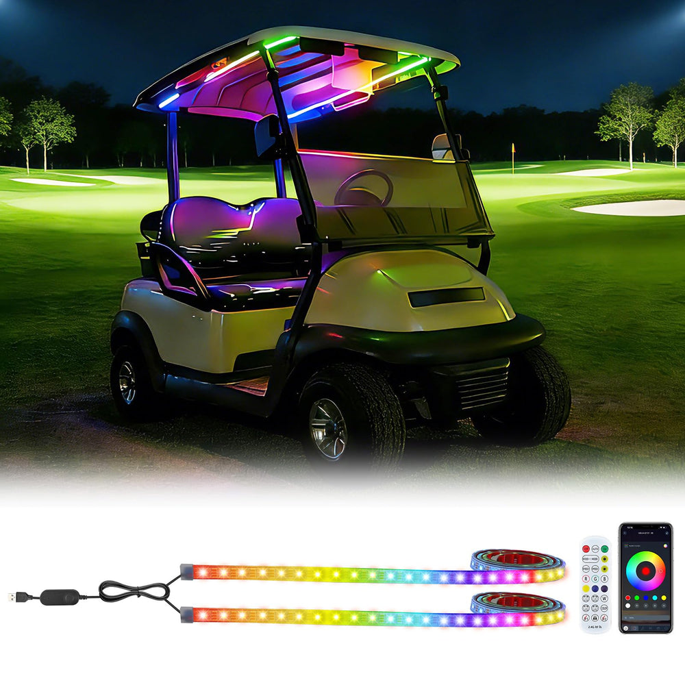 UYA front view of LED strip on golf cart showing bright colors and visibility