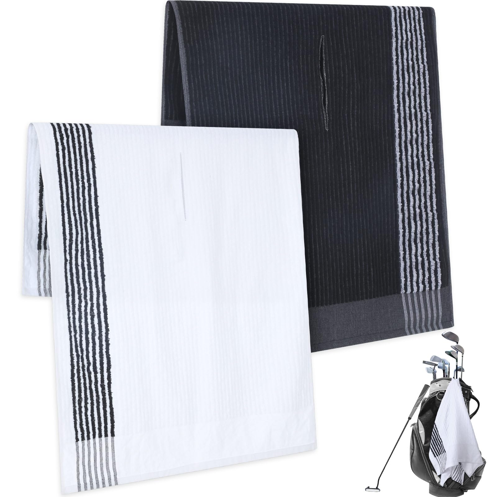 Vabean front view of both striped towels showing style and coverage benefit