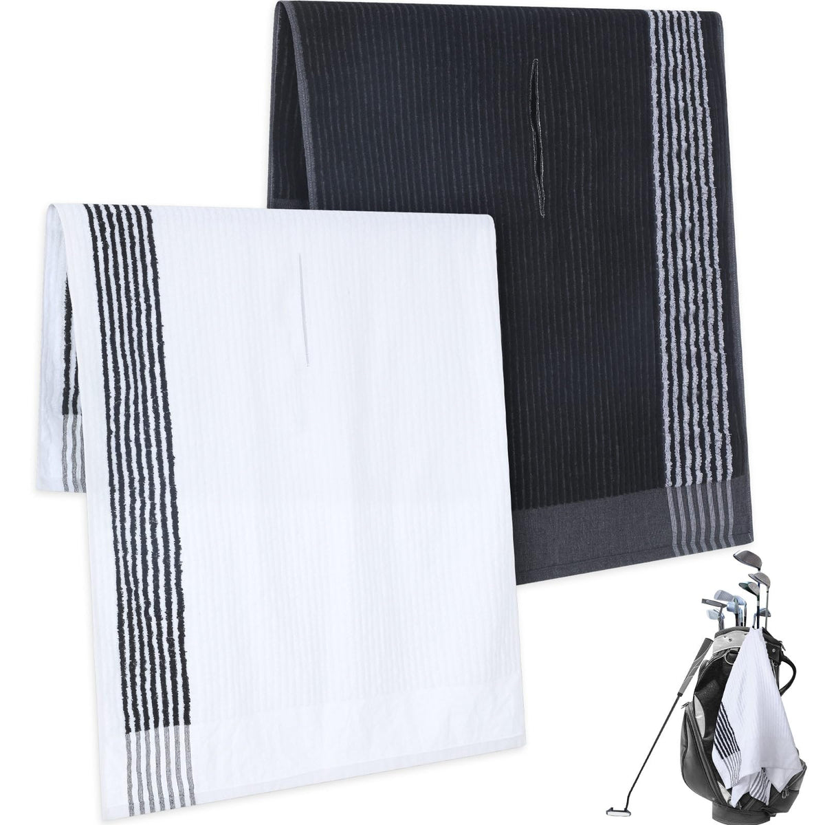 Vabean front view of both striped towels showing style and coverage benefit