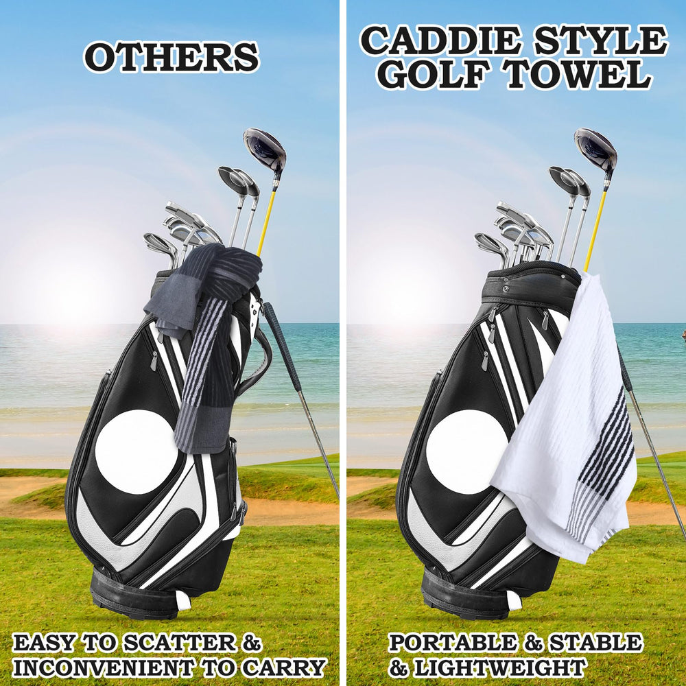 Vabean towel beside golf glove showing large 22x44 size advantage