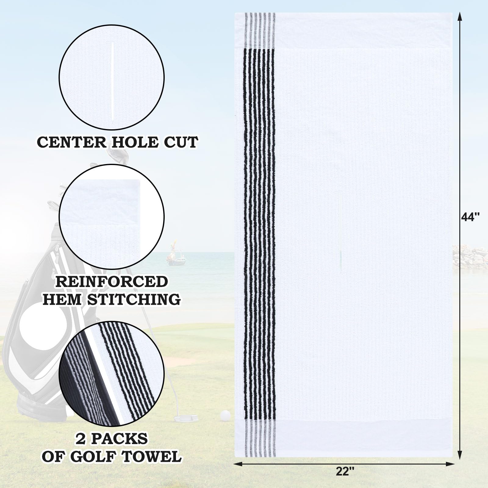 Vabean towel hung on a golf bag for easy access and faster drying benefit