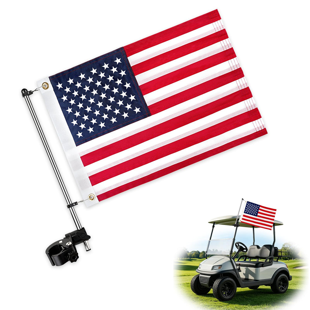 Vaccitect front-mounted flag holder on cart rail showing stable attachment
