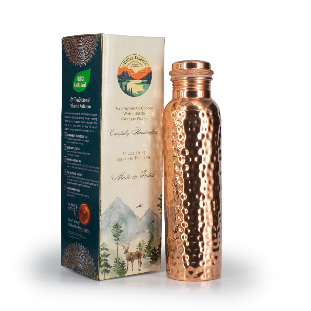 VALLEY ESSENCE front view showing hammered copper bottle and premium finish benefit