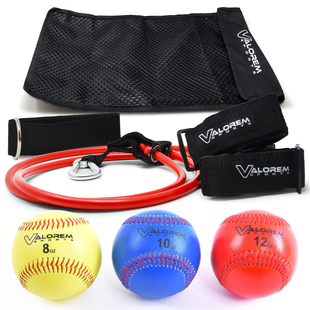 Valorem Sports front packaging showing three weighted baseballs and bag, promotes portability