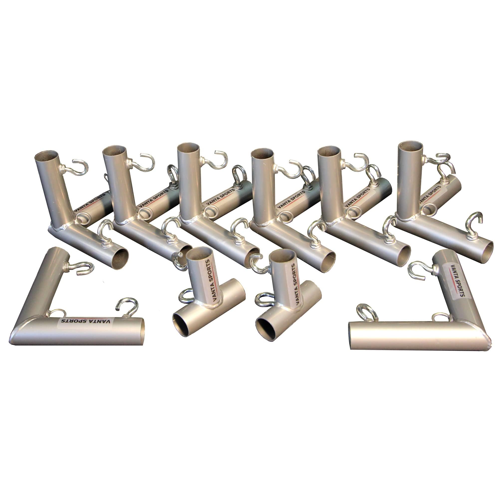 VANTA SPORTS corner kit front view showing powder-coated fittings and threaded eye-bolts for secure net attachment