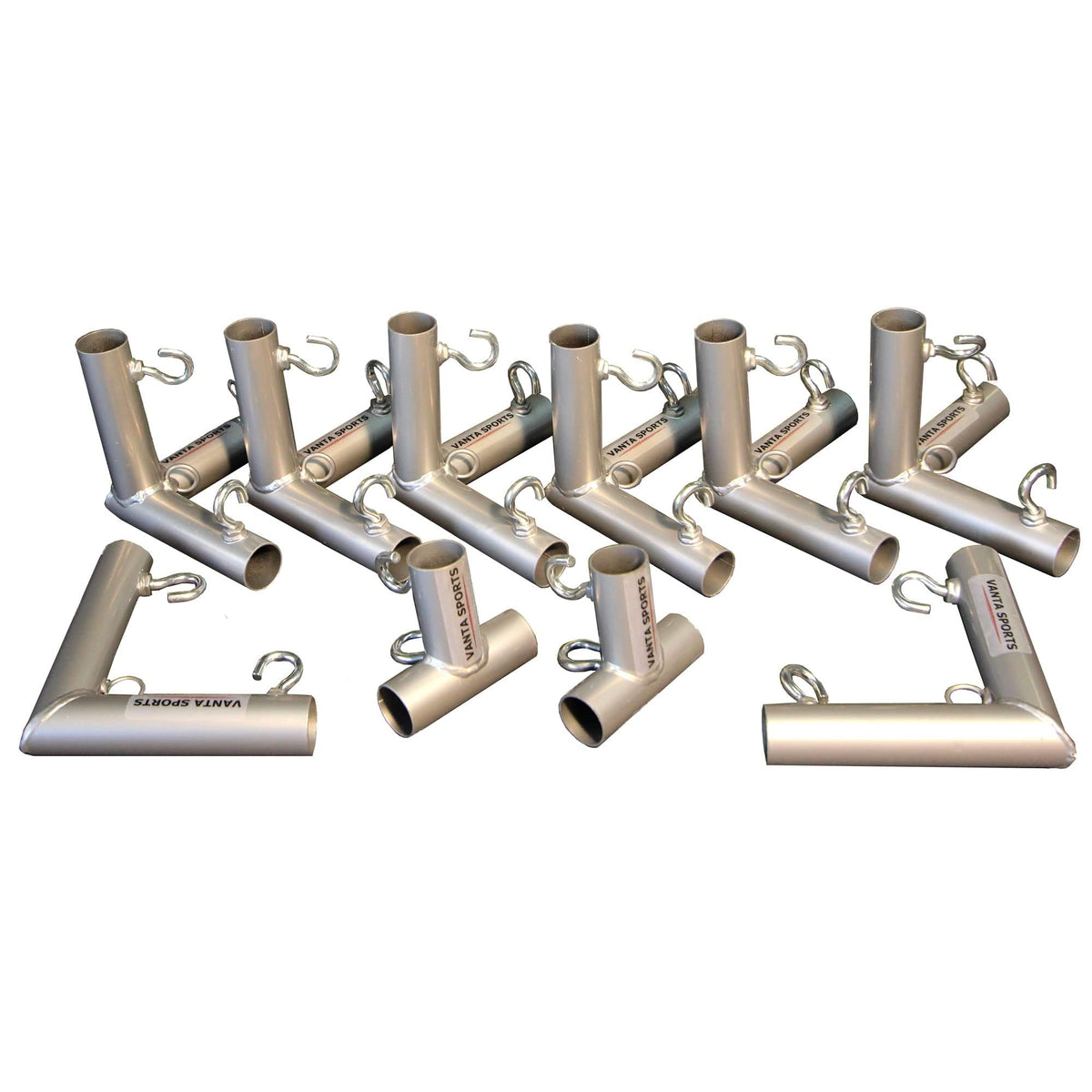 VANTA SPORTS corner kit front view showing powder-coated fittings and threaded eye-bolts for secure net attachment