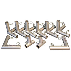 VANTA SPORTS corner kit front view showing powder-coated fittings and threaded eye-bolts for secure net attachment