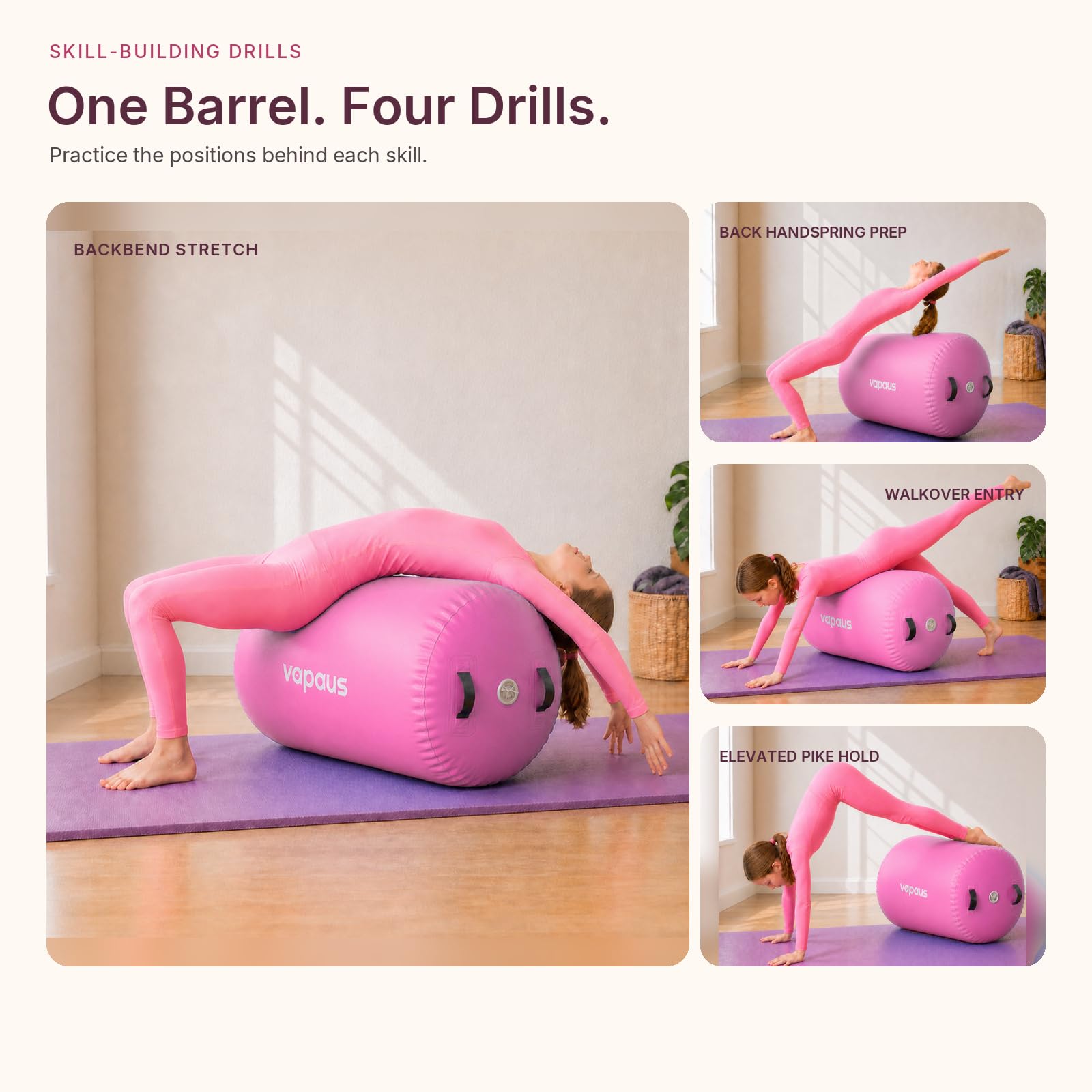 vapaus barrel in use during back handspring practice providing cushioned support