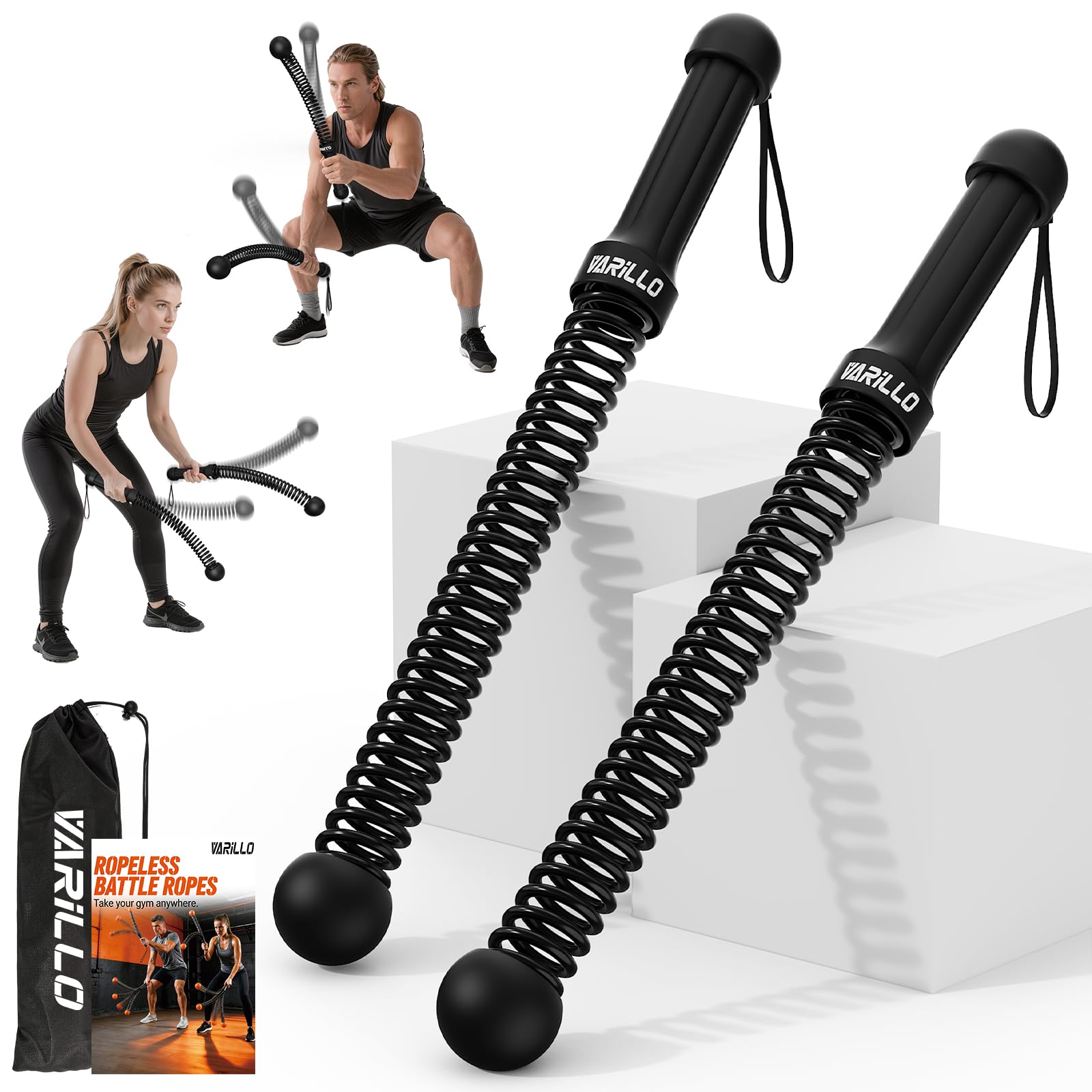 Varillo front product shot showing cordless battle rope set for compact training